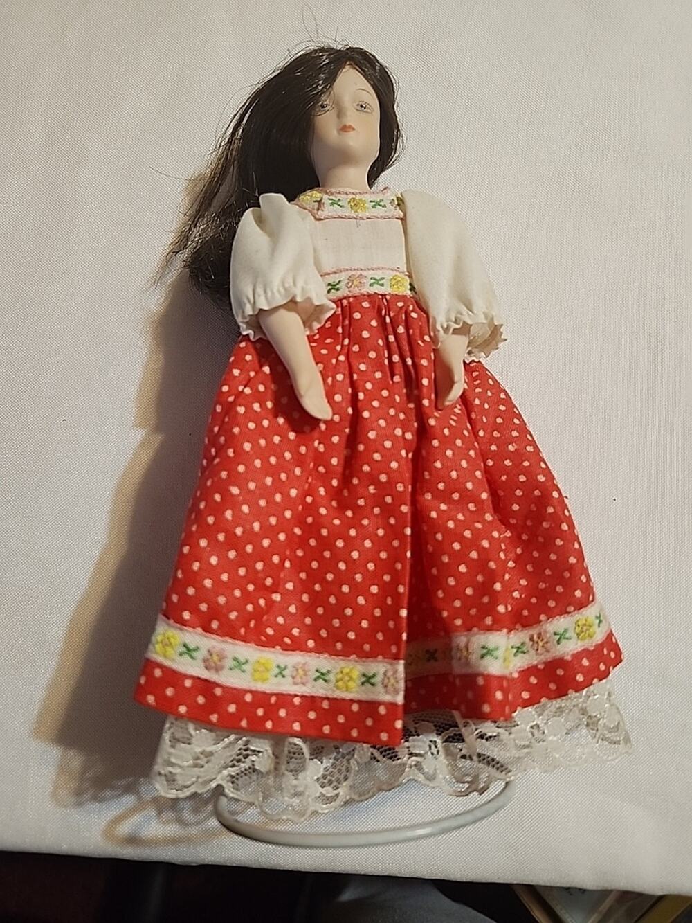 International Doll Porcelain Red Polka Dot Dress Black Hair 8.5" Vintage